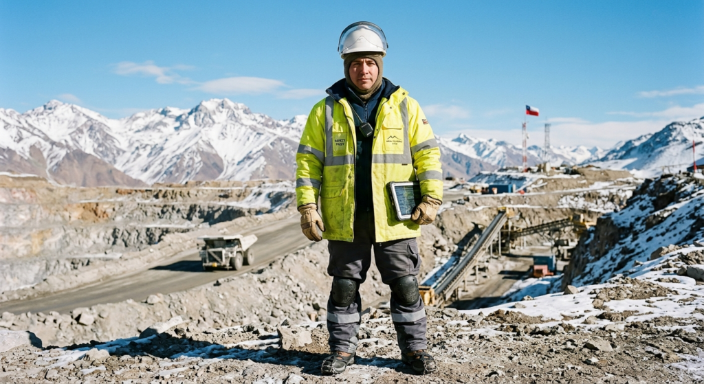 Trabajador en mineria de alta cordillera vistiendo parka de alta visibilidad reflectante y sistema de capas para frio extremo en Chile.