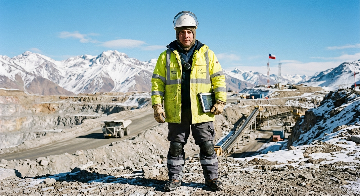 Trabajador en mineria de alta cordillera vistiendo parka de alta visibilidad reflectante y sistema de capas para frio extremo en Chile.